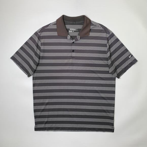 Nike Golf Shirt Mens L Large Grizzly Grey Tour Performance Dri Fit Striped Polo - Picture 2 of 11